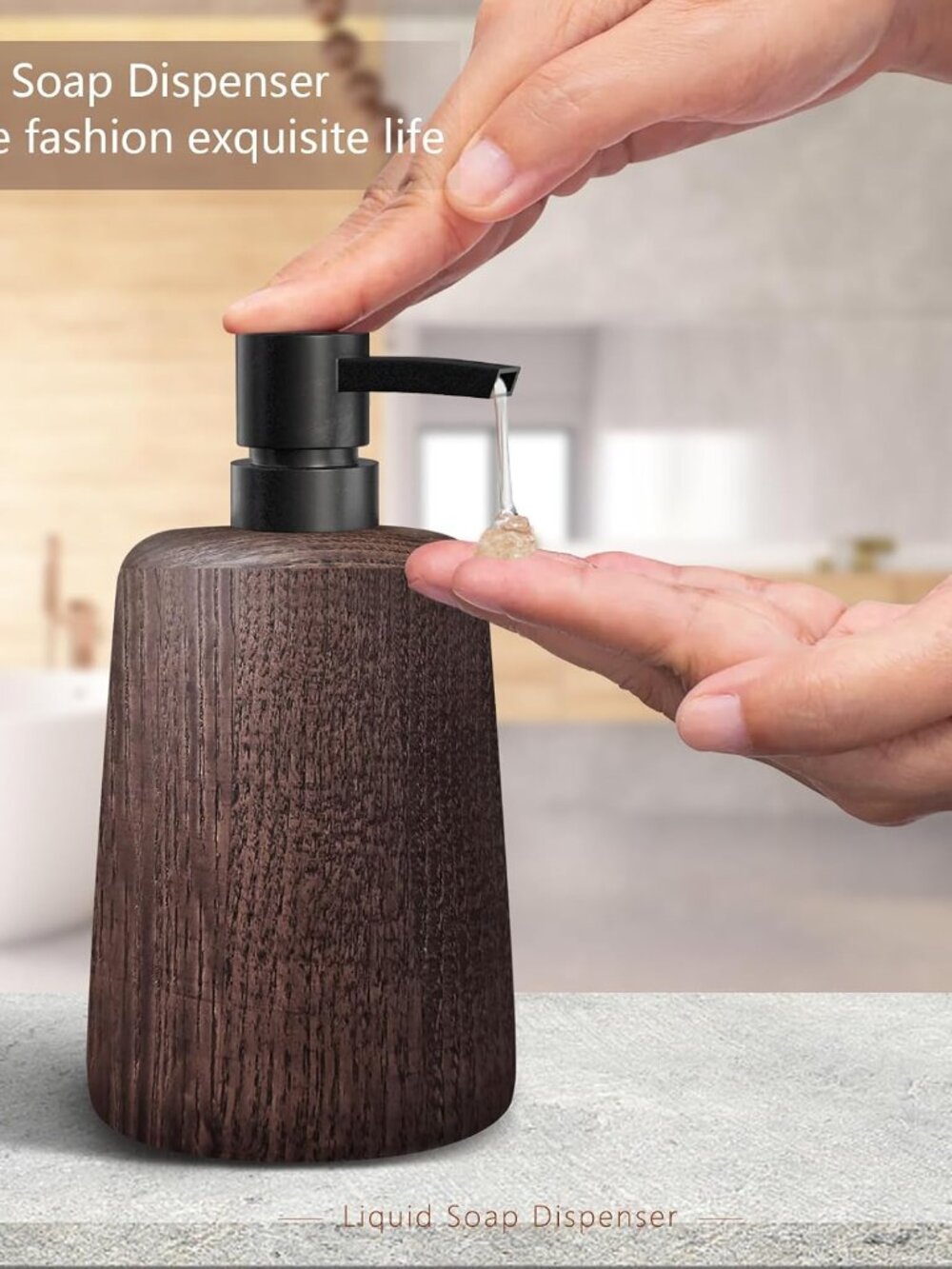 Dark Brown Wood Soap Dispenser Black Plastic Pump Lotion Bottle Kitchen Bathroom